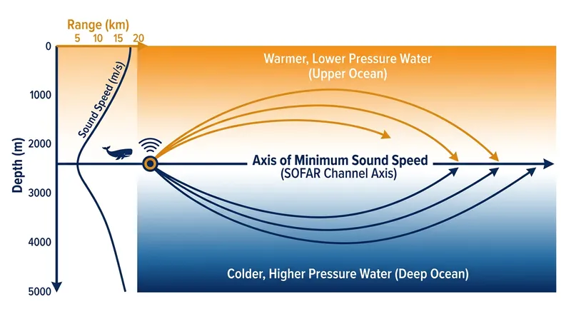 Sound waves emitted within the SOFAR channel are continuously refracted toward the velocity minimum, trapping the acoustic energy.