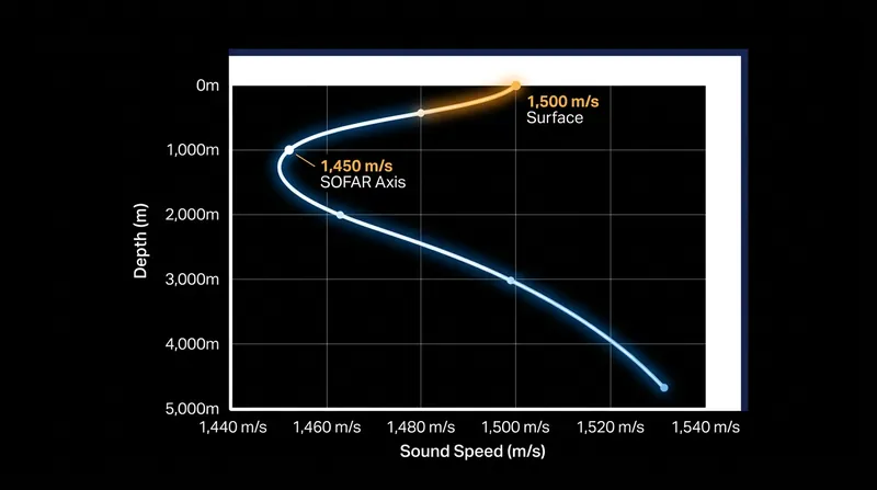 The speed of sound in seawater drops rapidly in the thermocline before increasing again under deep-ocean pressure.
