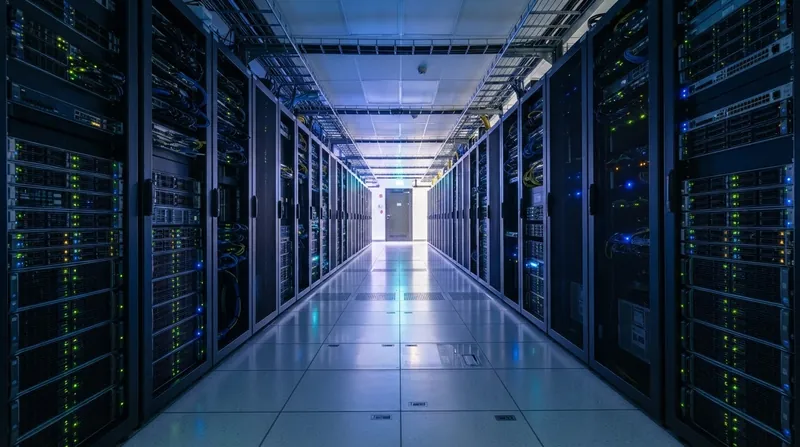A brightly lit aisle of computer server racks with glowing blue and amber lights in a data center.