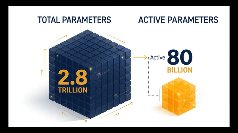 The sparse architecture allows the model to store vast knowledge while only activating a small fraction of its network per query.