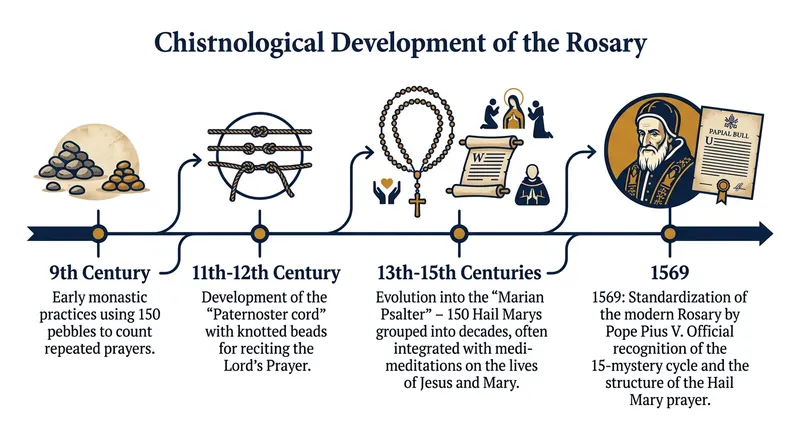 The physical structure of the prayer beads evolved organically over five centuries before being formally standardized by the Vatican.