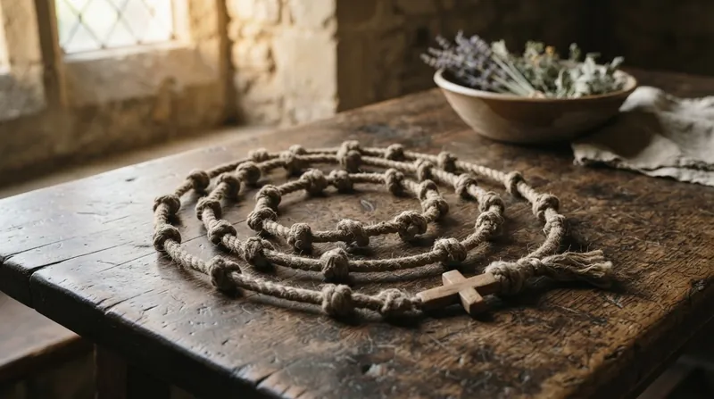 Illustration: Before the beads were standardized, lay brothers used knotted ropes called Paternoster cords to keep count while working in the fields.