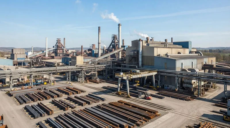 Exterior view of a modern steel manufacturing plant with clean exhaust stacks at dawn.