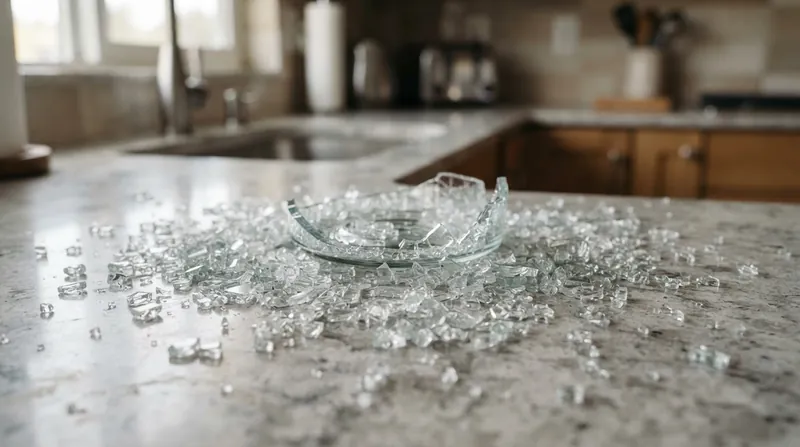 A shattered glass baking dish in thousands of small pieces resting on a granite kitchen countertop.