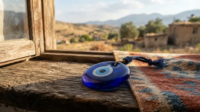 A traditional blue glass nazar amulet hanging against a rustic wooden background.