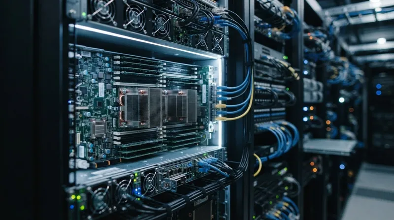 Close-up view of a dense server rack in a data center with glowing lights and complex silicon architecture.