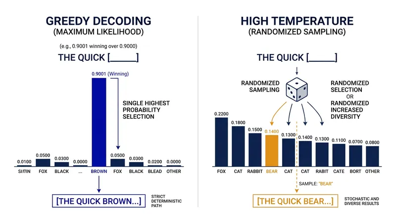 Greedy decoding forces the model to select the highest-scoring token, leaving no room for intentional randomness.
