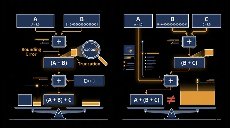 Because computers cannot store infinite decimal places, the order in which numbers are added changes the final sum.