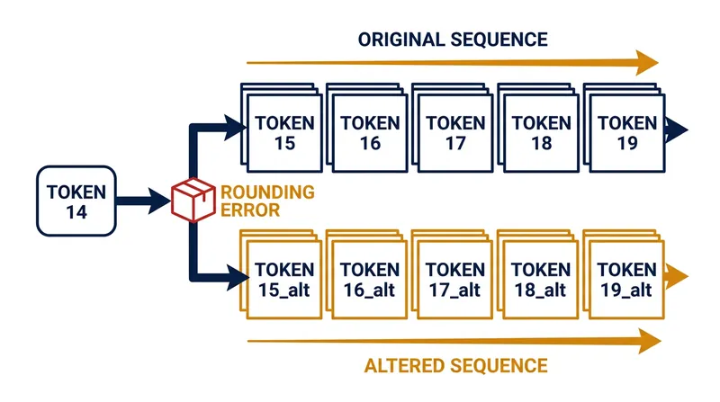 Because language models feed their own output back into themselves, a single altered word permanently shifts the entire generation.