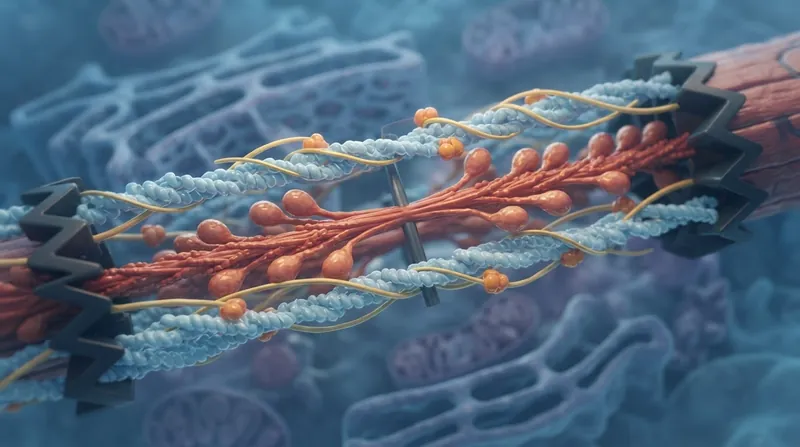 Electron microscopy view of a skeletal muscle sarcomere showing interlocking actin and myosin filaments.