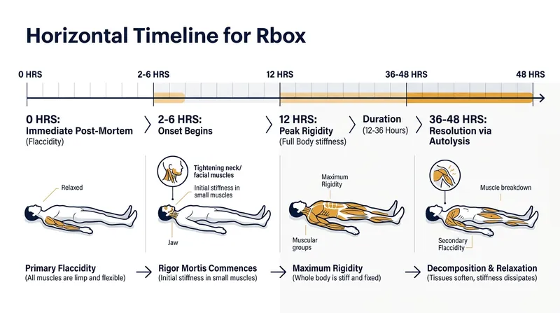 The standard forensic timeline of rigor mortis from onset to autolytic resolution.