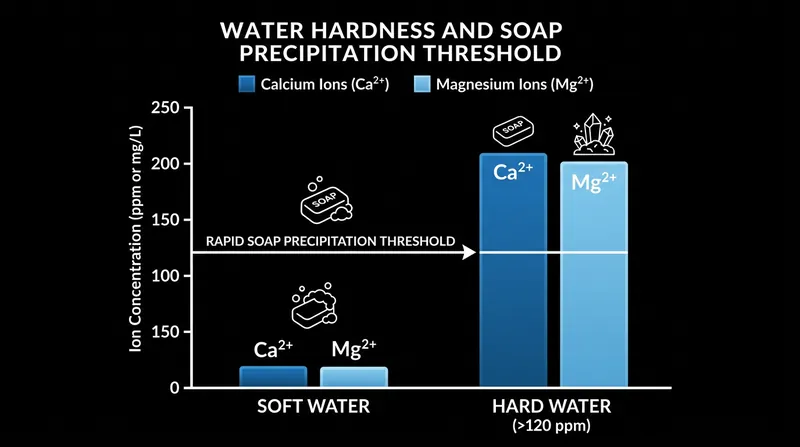 Water exceeding 120 parts per million of dissolved minerals triggers rapid soap precipitation.
