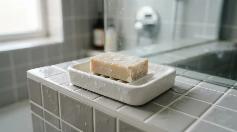 A close-up view of a clear glass shower door partially obscured by a cloudy, white film of soap scum.