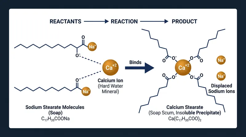 A single calcium ion displaces the sodium in two soap molecules, creating an insoluble precipitate.