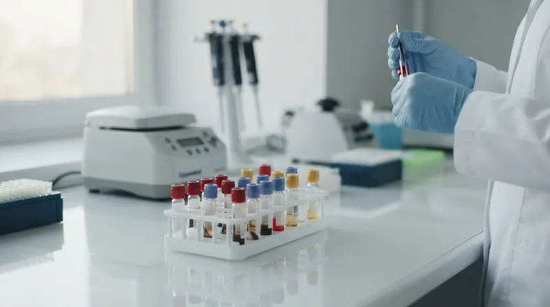 A laboratory technician in a sterile clinical setting prepares a pediatric blood sample for lead level testing.