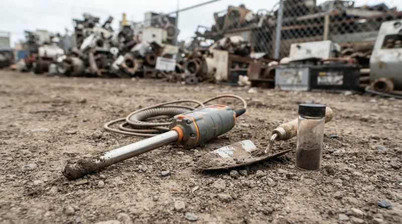 Illustration: Informal battery recycling operations release heavy metal particulates directly into the surrounding soil and air.