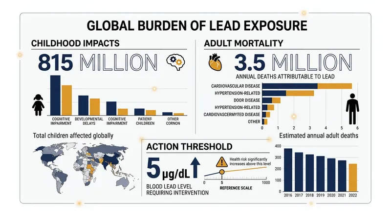 The global scale of lead exposure affects both pediatric cognitive development and adult cardiovascular health.