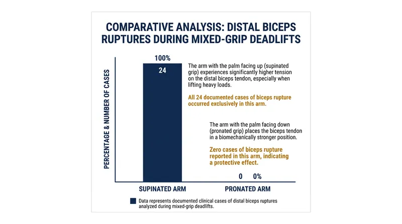 A 2021 review found that every mixed-grip deadlift rupture occurred on the supinated arm.