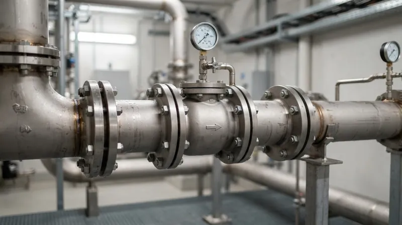 A large blue industrial axial flow check valve installed in a municipal water pumping station.