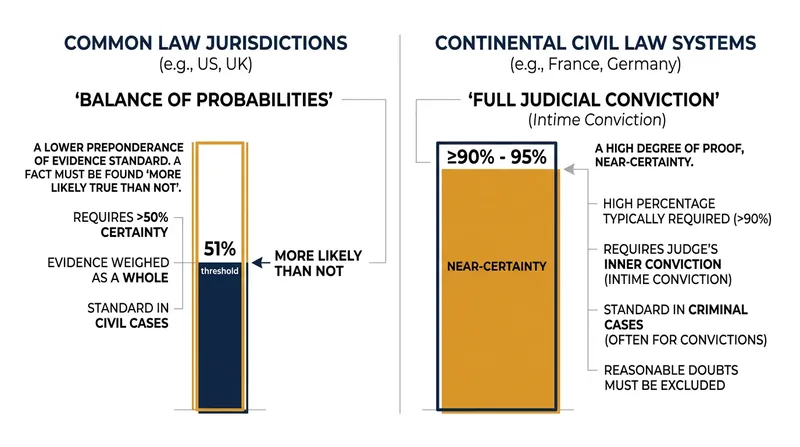 The theoretical evidentiary gap between common law and civil law standards of proof.