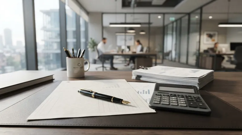 A corporate boardroom table with financial documents and a digital tablet displaying private equity performance charts.