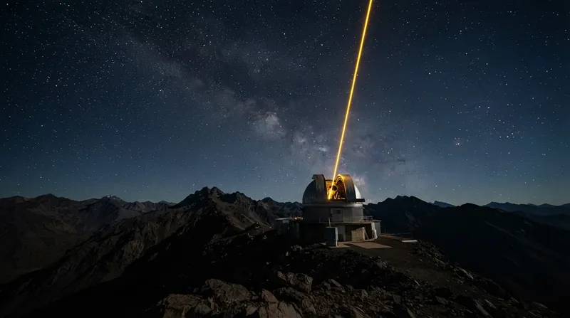 A large ground-based observatory dome open at night, firing a bright laser beam into the starry sky to create an artificial guide star.