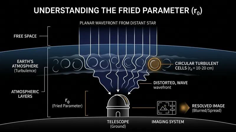 The Fried parameter defines the diameter over which a wavefront of starlight remains relatively flat before atmospheric turbulence distorts it.
