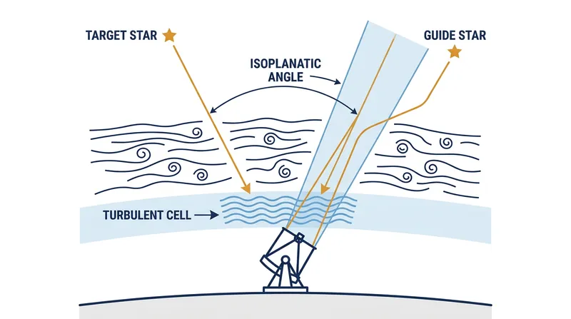 Adaptive optics can only correct a narrow patch of the sky, known as the isoplanatic angle, where the starlight shares the same turbulent path.