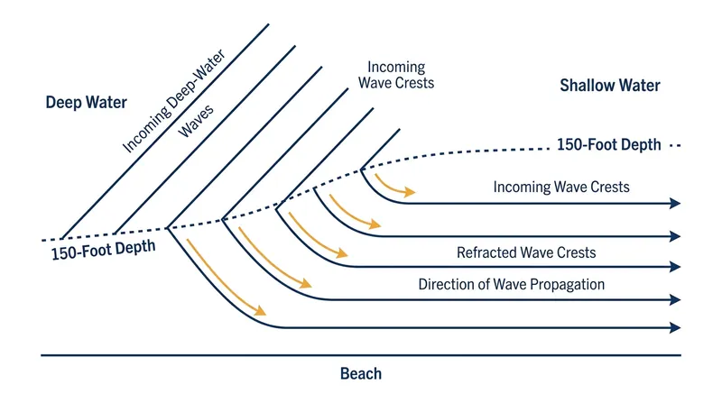 Friction from the shallowing seabed slows the leading edge of the wave, forcing the entire crest to pivot.