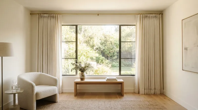 A bright living room with large windows where the curtain rods extend past the frames, allowing the drapes to rest on the walls.