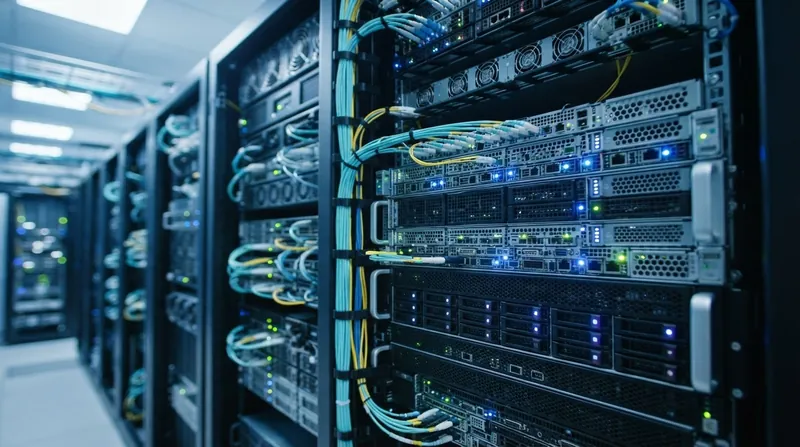 A brightly lit server room with glowing blue and amber indicator lights representing data processing and artificial intelligence.