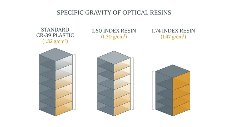 The polyurethane formulation required to achieve a 1.74 index is 13 percent denser than standard 1.60 plastic.