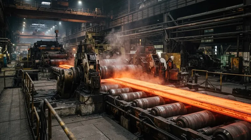 A glowing orange steel billet being processed through heavy industrial rollers in a dark factory setting.