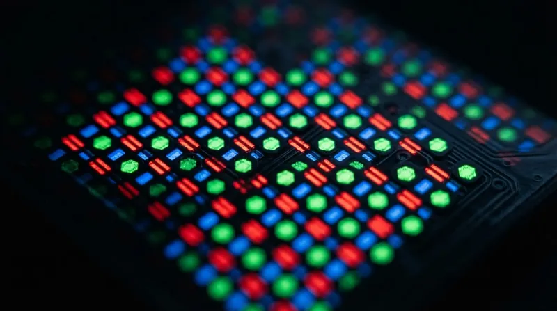 Macro photograph showing the glowing red, green, and blue subpixels of an OLED monitor screen in a dark environment.