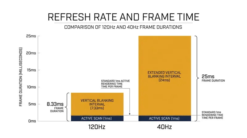When frame rates drop to 40Hz, the display must hold the image three times longer than at 120Hz, leading to increased charge leakage.