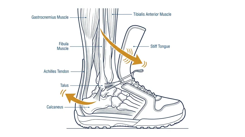 The ankle joint provides massive forward leverage but almost zero backward mobility.
