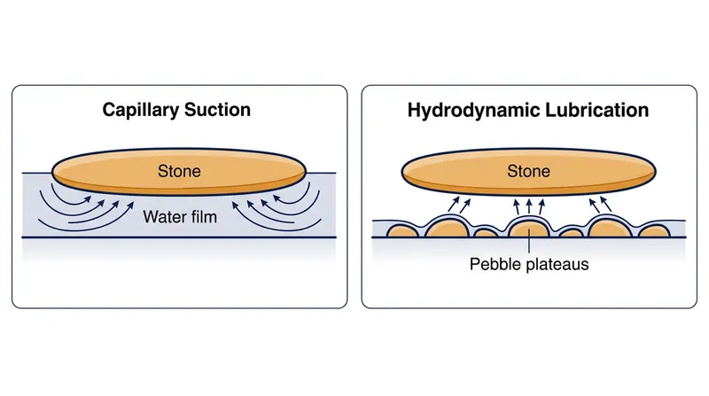 Flat ice creates a wide water film that triggers capillary suction, while pebbles provide localized lubrication.