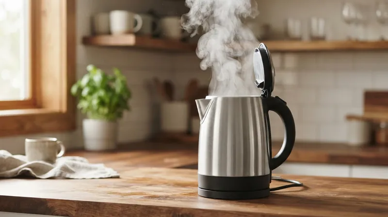 A stainless steel electric kettle boiling on a kitchen counter with its lid open, emitting thick steam.