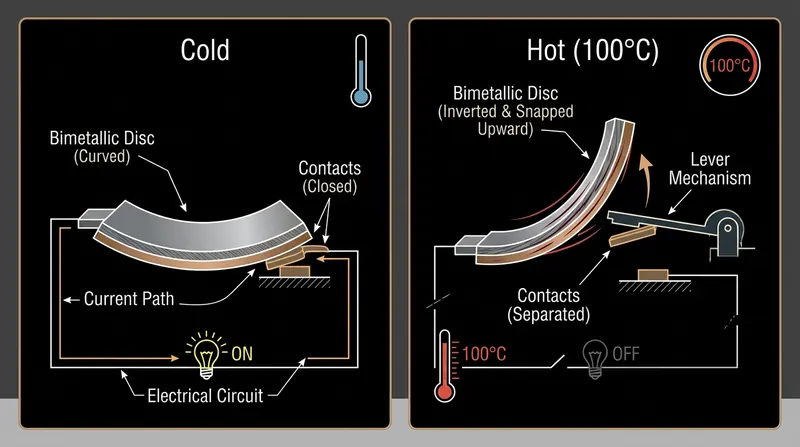 The bimetallic disc snaps violently when heated by steam, rapidly breaking the electrical circuit to prevent arcing.