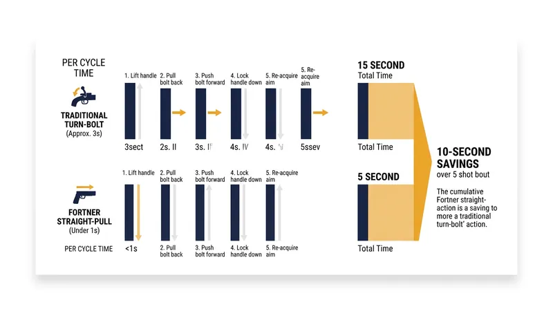 The straight-pull mechanism saves up to two seconds per shot compared to traditional turn-bolt actions.