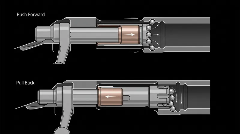 A sliding clamping sleeve forces the ball bearings outward to lock the breech.
