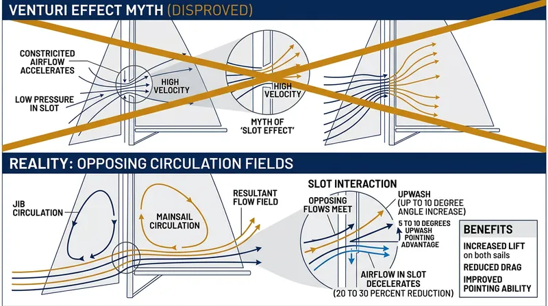 Opposing circulation fields in the slot decelerate the airflow, flattening the pressure gradient on the mainsail.
