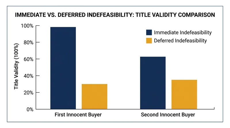 Immediate indefeasibility grants absolute title to the first innocent buyer, while deferred indefeasibility requires a second transfer.