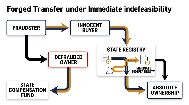 How immediate indefeasibility transfers legal ownership to an innocent buyer despite a forged document.