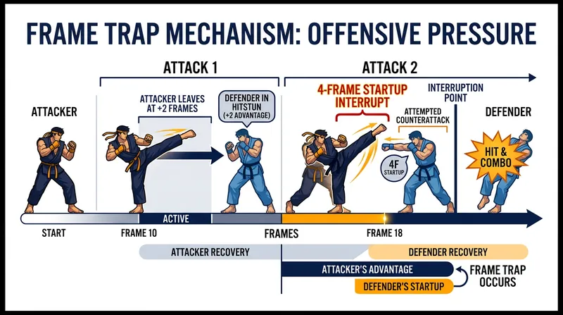 A frame trap uses a positive frame advantage to interrupt the defender's attempt to counter-attack.