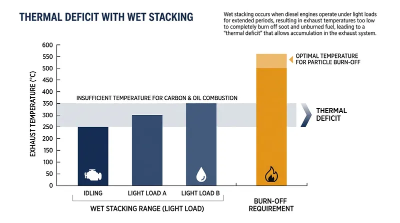 Low-load exhaust temperatures are insufficient to incinerate leaked oil and fuel.