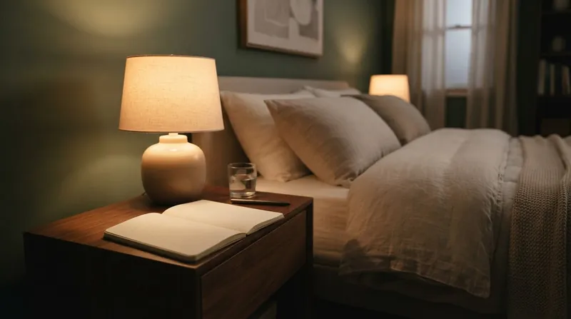 A person's hand writing a detailed to-do list in a small notebook on a wooden nightstand.