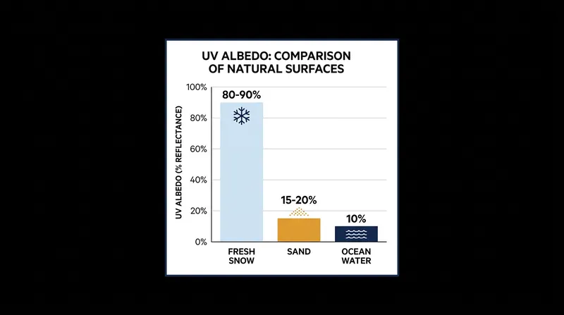 Fresh snow reflects up to 90 percent of incoming ultraviolet radiation, creating a secondary wave of exposure from the ground up.