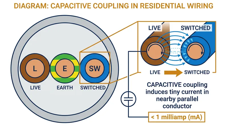 Alternating current in the live wire induces a phantom voltage in the adjacent switched wire.