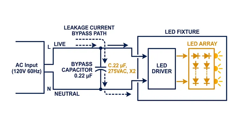 A bypass capacitor absorbs the leakage current and shunts it to the neutral wire before it reaches the LED driver.